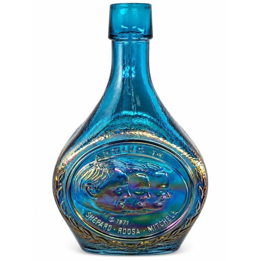 1971 Wheaton Apollo 14 Aqua Iridescent Glass Bottle NASA Moon 8.25 Vintage